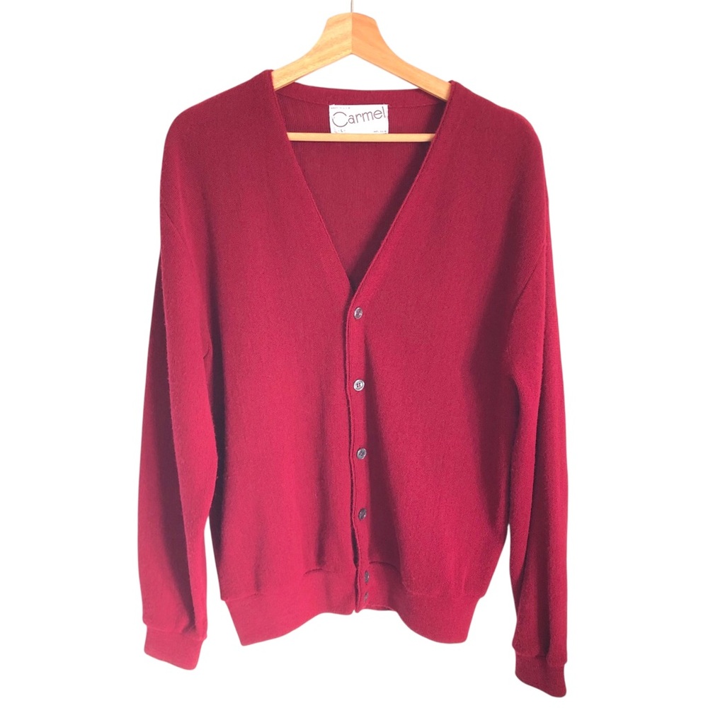 VINTAGE 60s 70s Carmel Mens Burgundy V-Neck Grandpa Cardigan Sweater Size Large